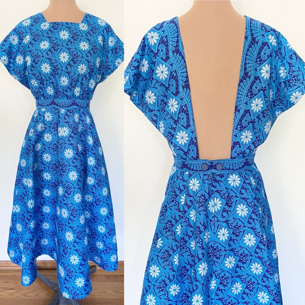 Vintage 50s-Inspired Cotton Sundress *Large* BLUE Embellished Backless Dress